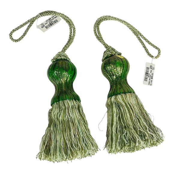 VTG (2) Murano Glass CURTAIN TASSELS Green Gold Tiebacks Pullbacks Drawer Pulls - Picture 1 of 7